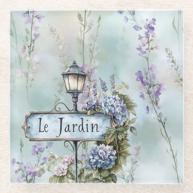 Le Jardin (der Garten) Hübsche violette Blumen Glasuntersetzer (Vorderseite)