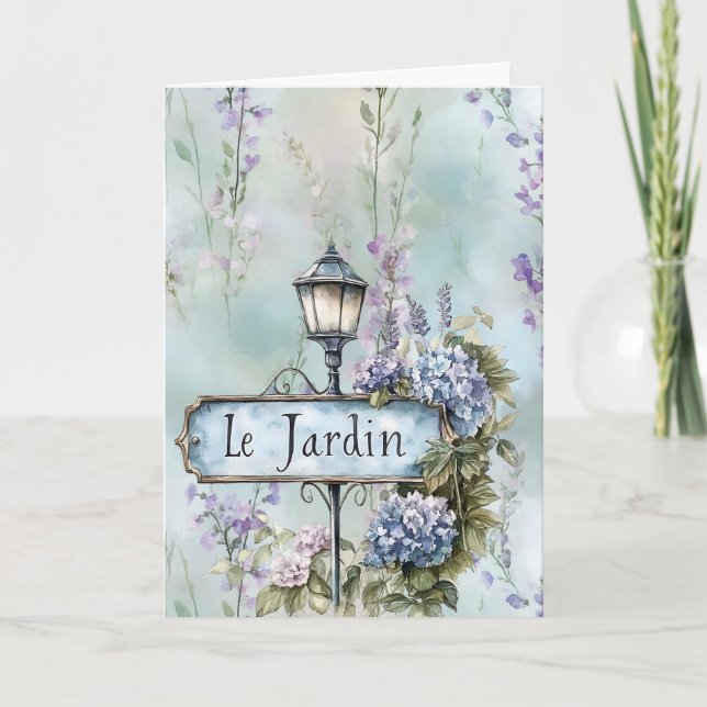 Le Jardin (der Garten) Hübsche violette Blumen Karte (Vorderseite)