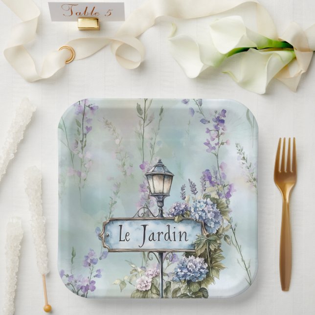 Le Jardin (der Garten) Hübsche violette Blumen Pappteller (Hochzeit)