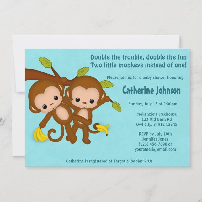Le JUMEAU Monkeys les invitations MM2 BLEU de baby (Devant)