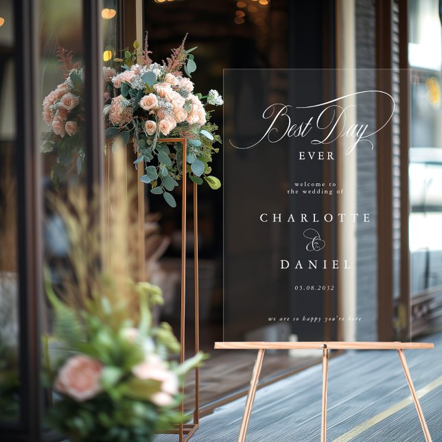 LE MEILLEUR JOUR JAMAIS ! Bannière élégante et Mar (BEST DAY EVER! Elegant, Wedding Banner Acrylic Sign with your name and date.)