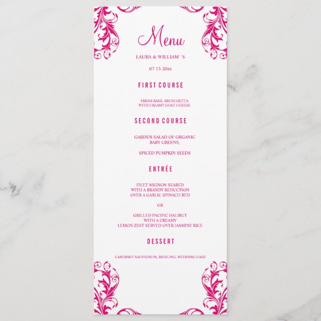 Le menu de dîner de mariage carde la damassé (Devant)