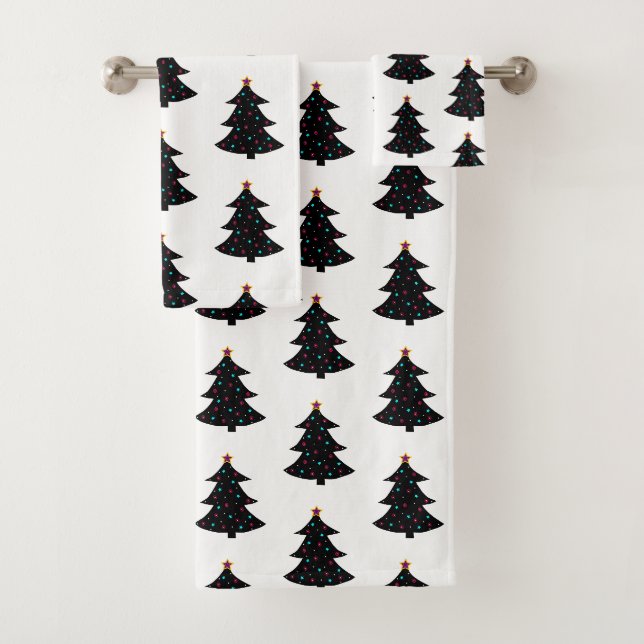 Le motif noir de fête d'arbres de Noël allume des (En situation)