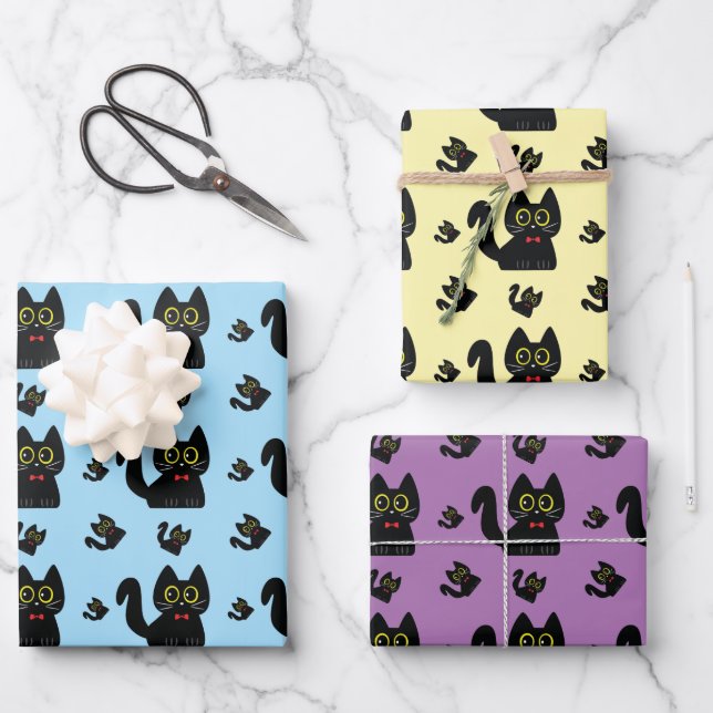 Le Noir Cat Papier d'enveloppement Plat Set de 3 (Recto)