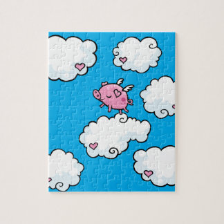 Le porc de vol danse sur le puzzle de nuages