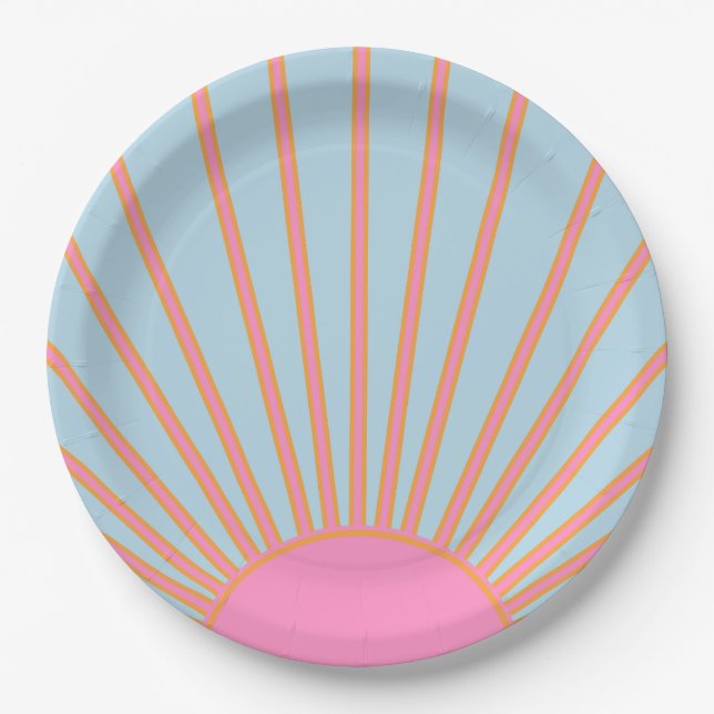 Le Soleil 02 Retro Sun Rosa und Blau Sunshine Pappteller (Vorderseite)