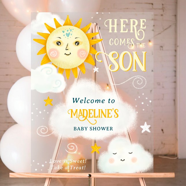 Le soleil lunaire rétro vient ici le baby shower f (Retro whimsical Sun here comes the son baby shower Acrylic Sign)