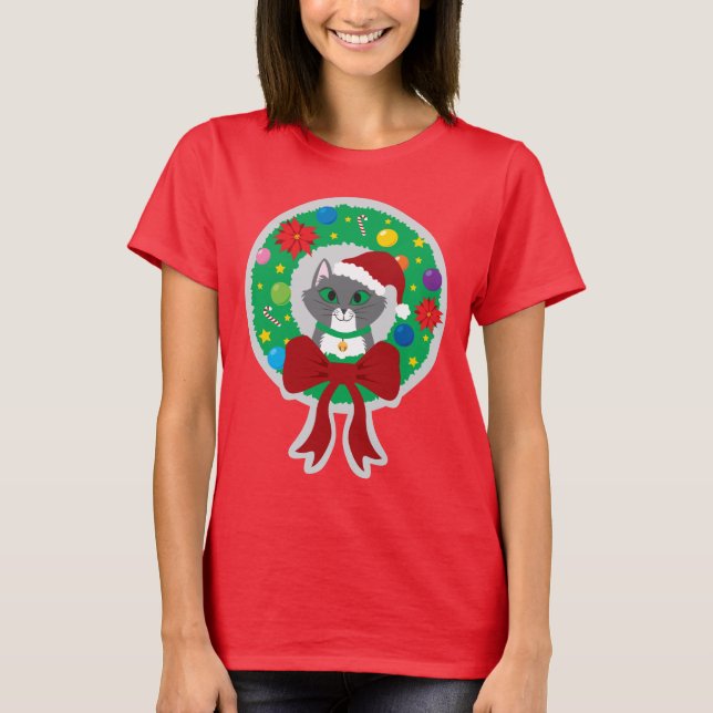 Le T-shirt des femmes de chat de guirlande de Noël (Devant)