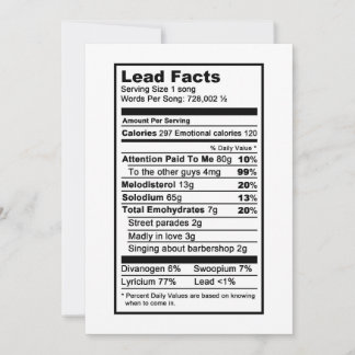 Lead Sängerin "Food Information Label" Karte