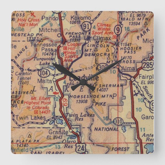 Leadville Vintag Map Quadratische Wanduhr (Vorderseite)