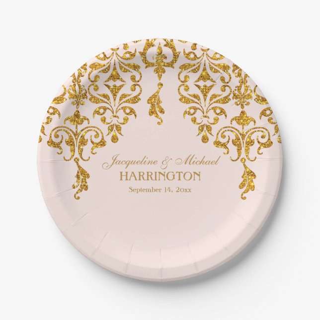 Leaf Damask Art Nouveau Glitzer Empfang Dekoration Pappteller (Vorderseite)