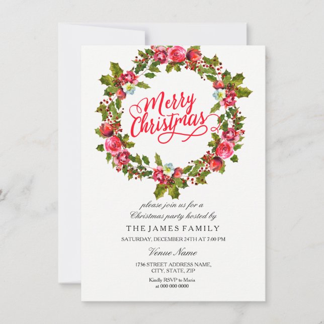 Leaf Floral Wreath Red Christmas Party Einladung (Vorderseite)