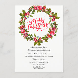 Leaf Floral Wreath Red Christmas Party Einladung