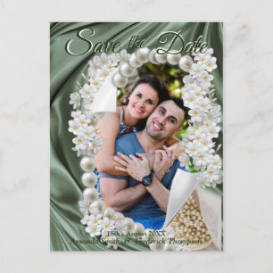 Leaf Green Silk & Ivory Pearls Save the Date Ankündigungspostkarte