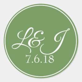 Leaf Green & White Couple's Initals & Wedding Date Runder Aufkleber