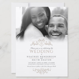 Leaf line art heart monogram tan wedding Foto Einladung