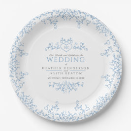 Leaf line art heart monogramm blaue Hochzeit Pappteller