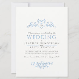 Leaf line art heart monogramm hellblaue Hochzeit Einladung