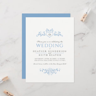 Leaf line art heart monogramm hellblaue Hochzeit Einladung