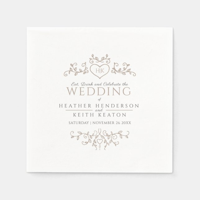 Leaf Line Art Herz Mono Bräune Servietten (Vorderseite)