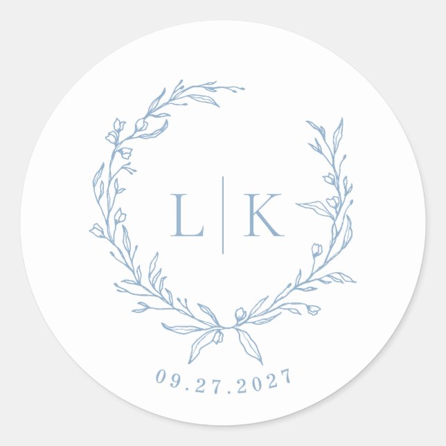 Leaf Monogram Dusty Blue Wedding Runder Aufkleber (Vorderseite)