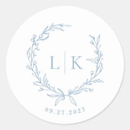 Leaf Monogram Dusty Blue Wedding Runder Aufkleber