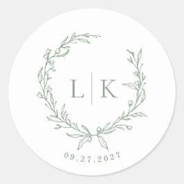 Leaf Monogram Sage Green Wedding Runder Aufkleber
