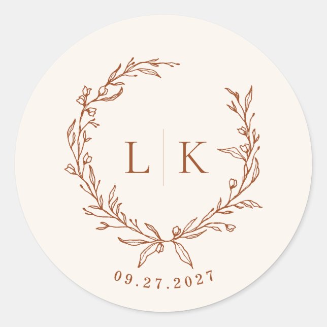 Leaf Monogram Terracotta Cream Wedding Runder Aufkleber (Vorderseite)