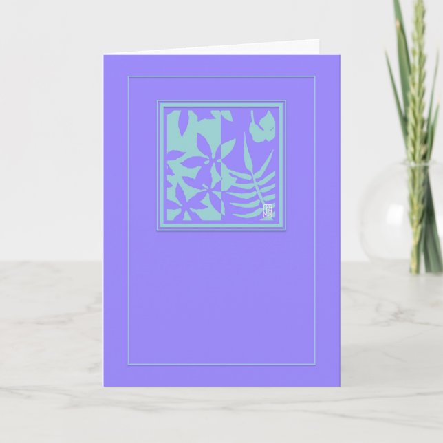 Leaf Motif Aquamarin auf Lila vertikaler Leere Karte (Vorderseite)