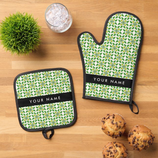Leaf-Muster, grüne Blätter, Ihr Name Ofenhandschuh & Topflappen-Set (Oben Unten)