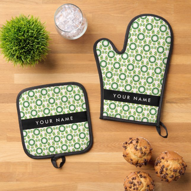 Leaf-Muster, grüne Blätter, Ihr Name Ofenhandschuh & Topflappen-Set (Oben Unten)