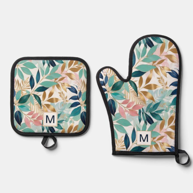 Leaf Muster Hübsche farbenfrohe Blätter Mit Monogr Ofenhandschuh & Topflappen-Set (Vorderseite)
