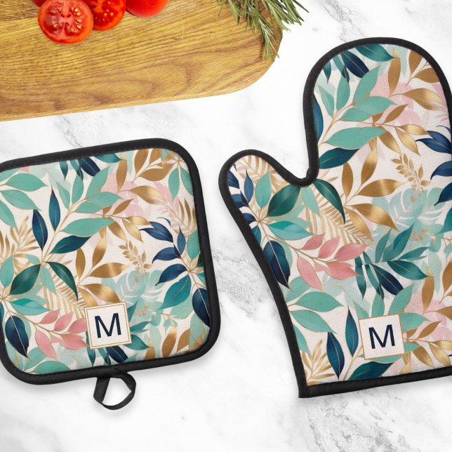 Leaf Muster Hübsche farbenfrohe Blätter Mit Monogr Ofenhandschuh & Topflappen-Set (A monogrammed pot holder and oven mitt, featuring a leaf pattern in aqua, teal, pink and faux gold)