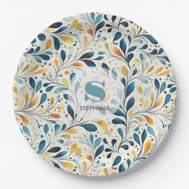 Leaf-Muster in Blau und Gold Paisley (2) Pappteller (Vorderseite)