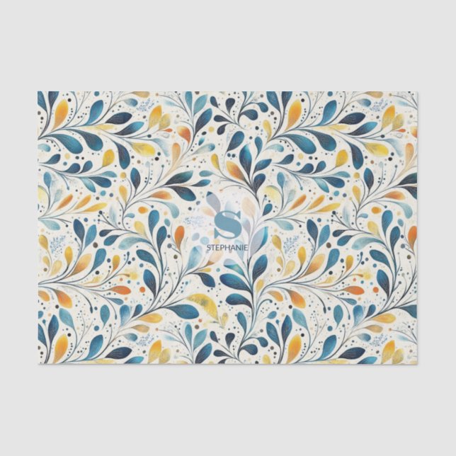 Leaf-Muster in Blau und Gold Paisley (2) Seidenpapier (Vorderseite)