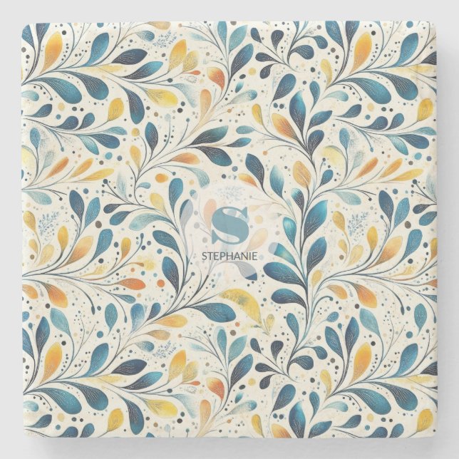 Leaf-Muster in Blau und Gold Paisley (2) Steinuntersetzer (Vorderseite)