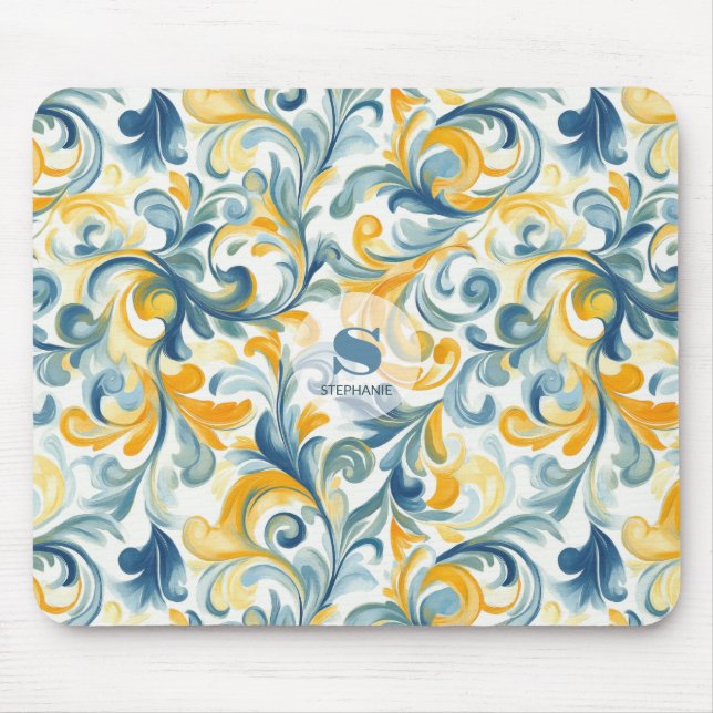 Leaf-Muster in Blau und Gold Paisley Mousepad (Vorne)