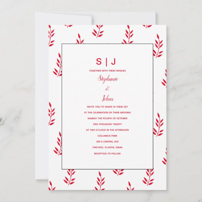 Leaf Muster Red White Monogram Name Wedding Einladung (Vorderseite)