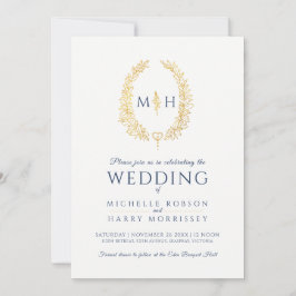 Leaf oval line Art Hochzeit dunkelblaues Gold weiß Einladung