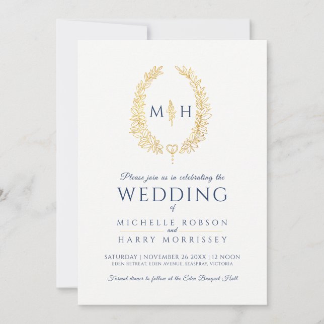 Leaf oval line Art Hochzeit dunkelblaues Gold weiß Einladung (Vorderseite)
