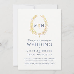 Leaf oval line Art Hochzeit dunkelblaues Gold weiß Einladung