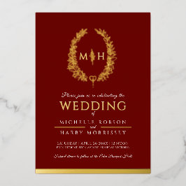 Leaf oval line Art Hochzeit Foto bordeauxrot Gold Folieneinladung