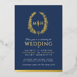 Leaf oval line Art Hochzeit Foto dunkelblau Gold Folieneinladung