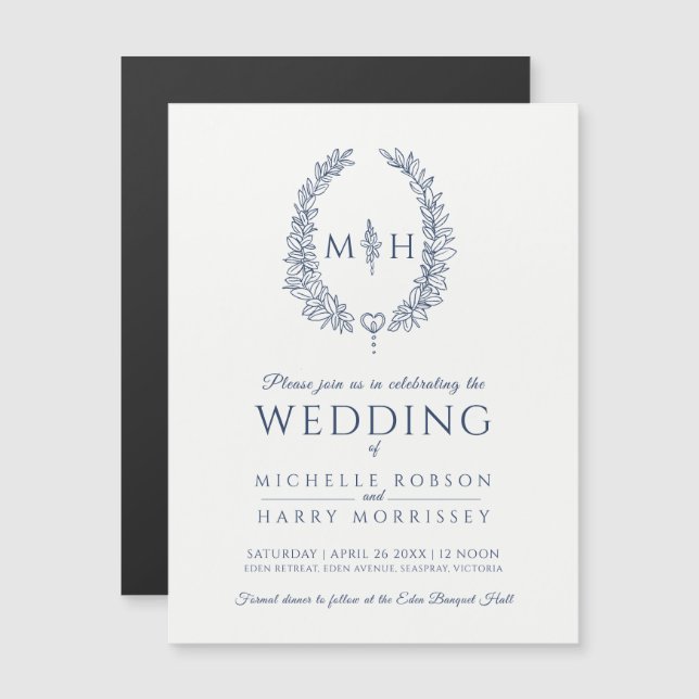 Leaf oval line Art Hochzeitsnacht blau-weiß Magneteinladung (Vorne/Hinten)