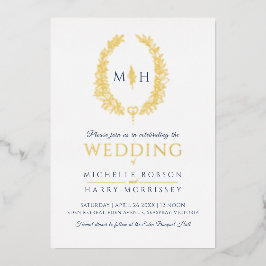 Leaf oval line Art Hochzeitsnacht blaues Gold weiß Folieneinladung