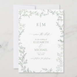 Leaf Sage Green Elegante Monogram Save the Date Einladung