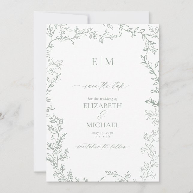 Leaf Sage Green Elegante Monogram Save the Date Einladung (Vorderseite)
