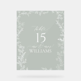 Leaf Sage Green Elegante Monogram Tischnummer Acrylschild