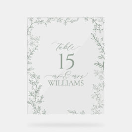 Leaf Sage Green Elegante Monogram Tischnummer Acrylschild
