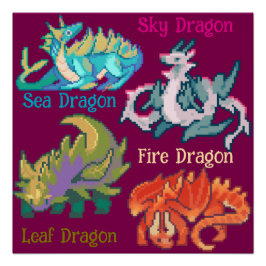 Leaf, sky, fire, sea Dragon pixel art Poster